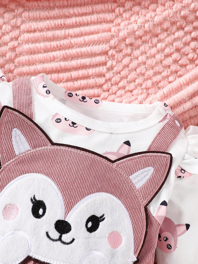 Macacão de Manga Longa com Bainha Franzida, Estampa de Animal Fofa de Desenho Animado, Retalhos para Bebê Menina, Outono