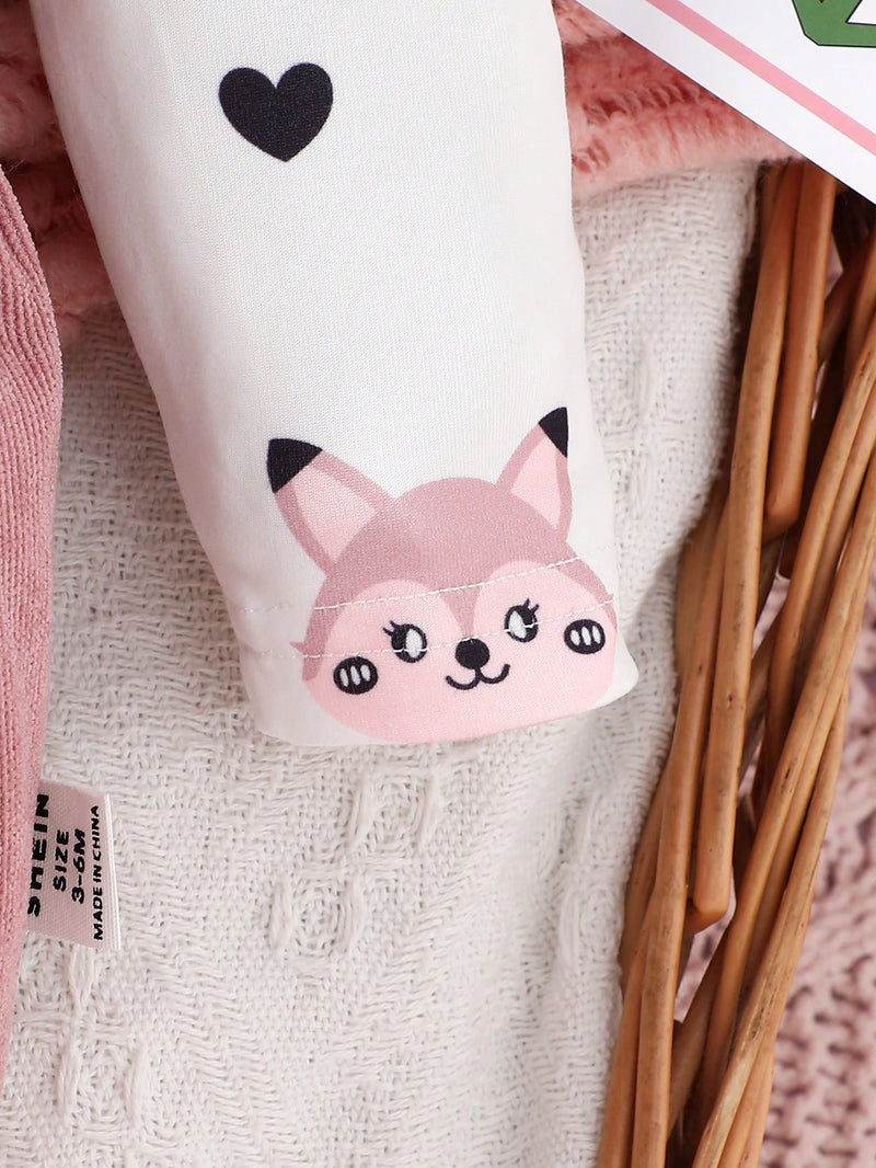 Macacão de Manga Longa com Bainha Franzida, Estampa de Animal Fofa de Desenho Animado, Retalhos para Bebê Menina, Outono