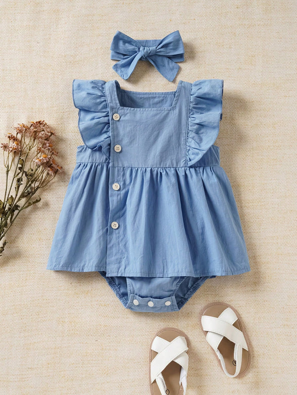 Souflis Souflis Body De Mangas Curtas Com Babados De Borda De Renda Azul Para Bebês Meninas Com Headband, Adequado Para Uso Diário E Casual, Primavera/verão