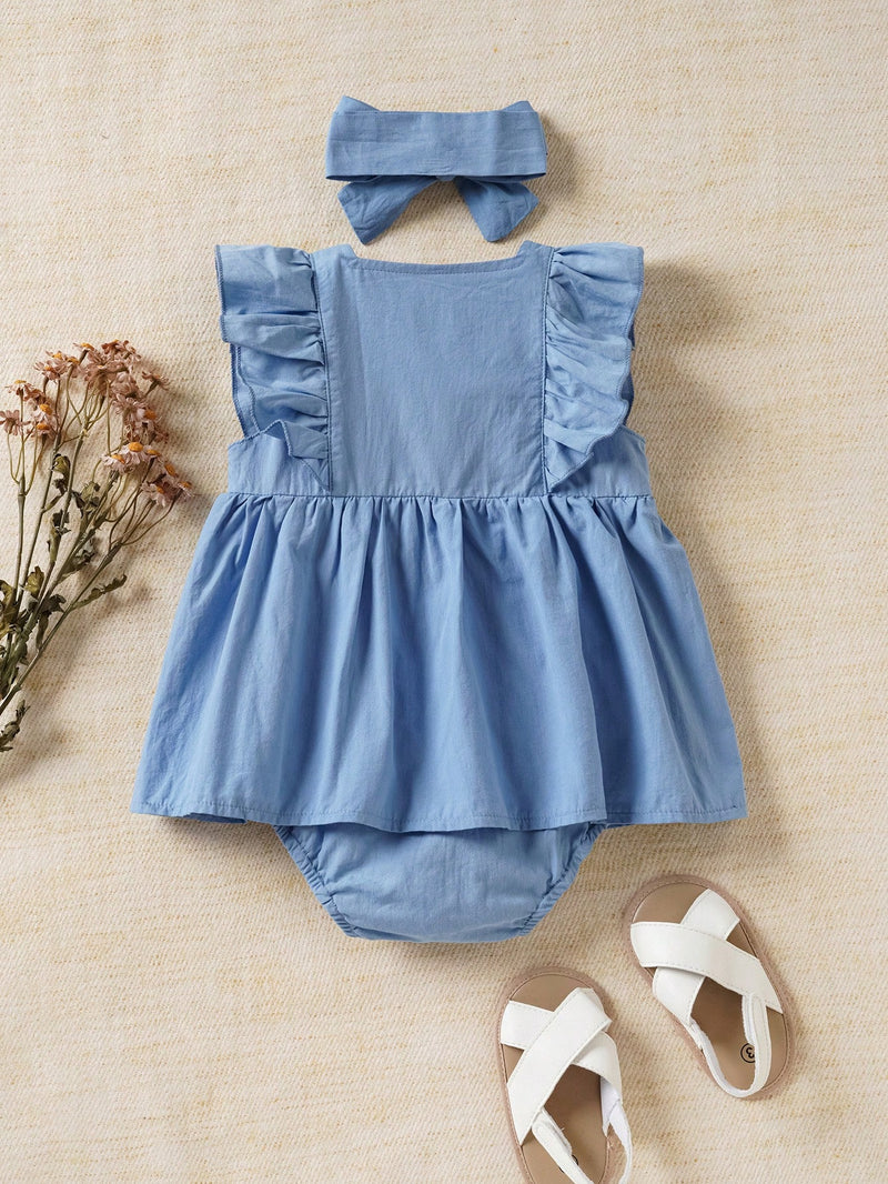 Souflis Souflis Body De Mangas Curtas Com Babados De Borda De Renda Azul Para Bebês Meninas Com Headband, Adequado Para Uso Diário E Casual, Primavera/verão