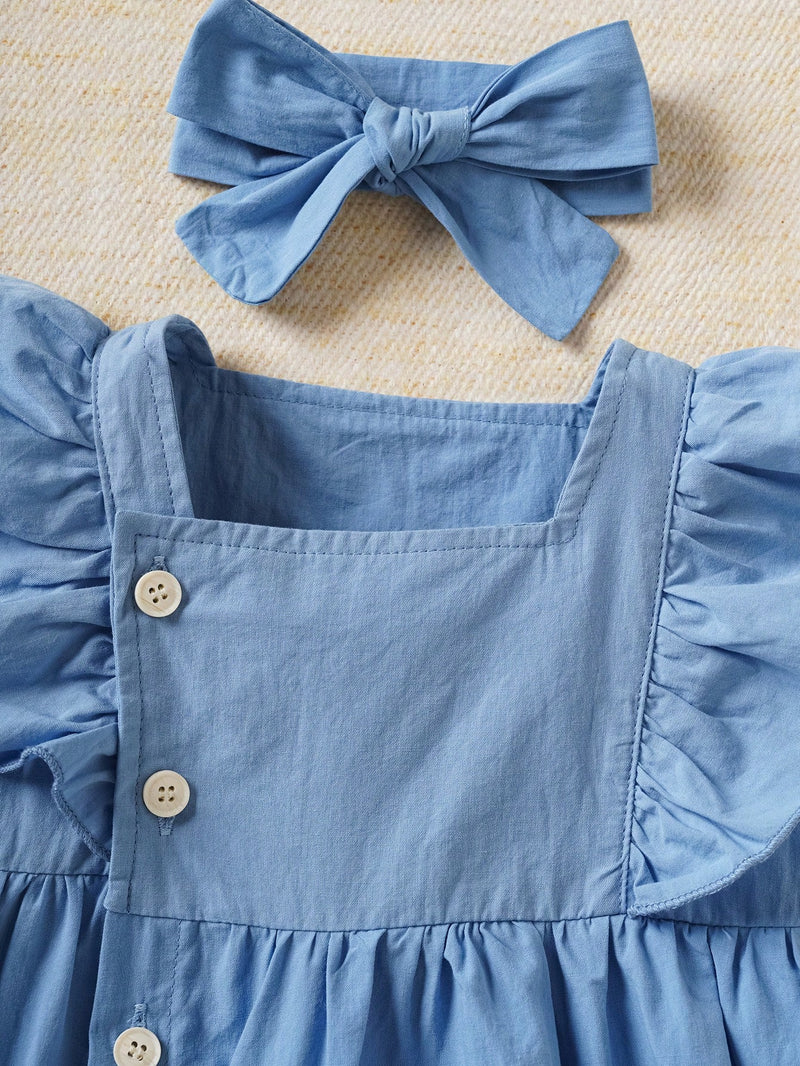 Souflis Souflis Body De Mangas Curtas Com Babados De Borda De Renda Azul Para Bebês Meninas Com Headband, Adequado Para Uso Diário E Casual, Primavera/verão