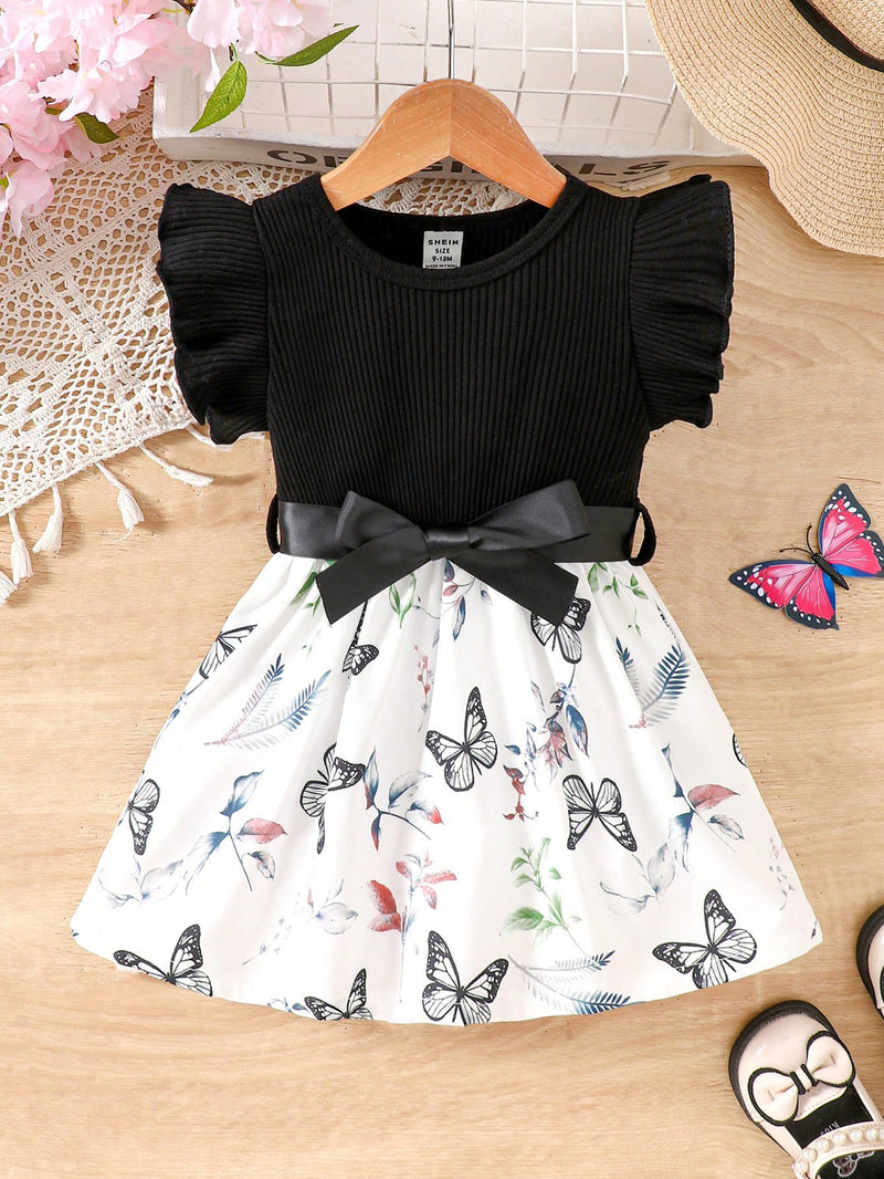 Vestido Fofo Casual e Romântico de Borboleta com Cinto Estampado com Padrão Diário Básico para Bebê Menina, Adequado para Passeios