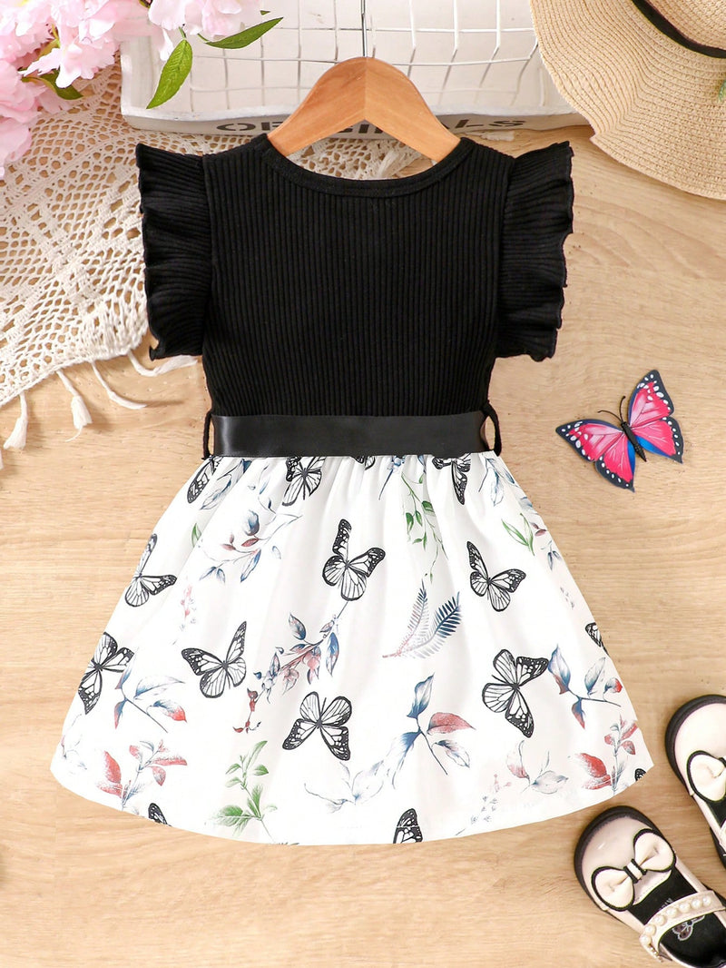 Vestido Fofo Casual e Romântico de Borboleta com Cinto Estampado com Padrão Diário Básico para Bebê Menina, Adequado para Passeios