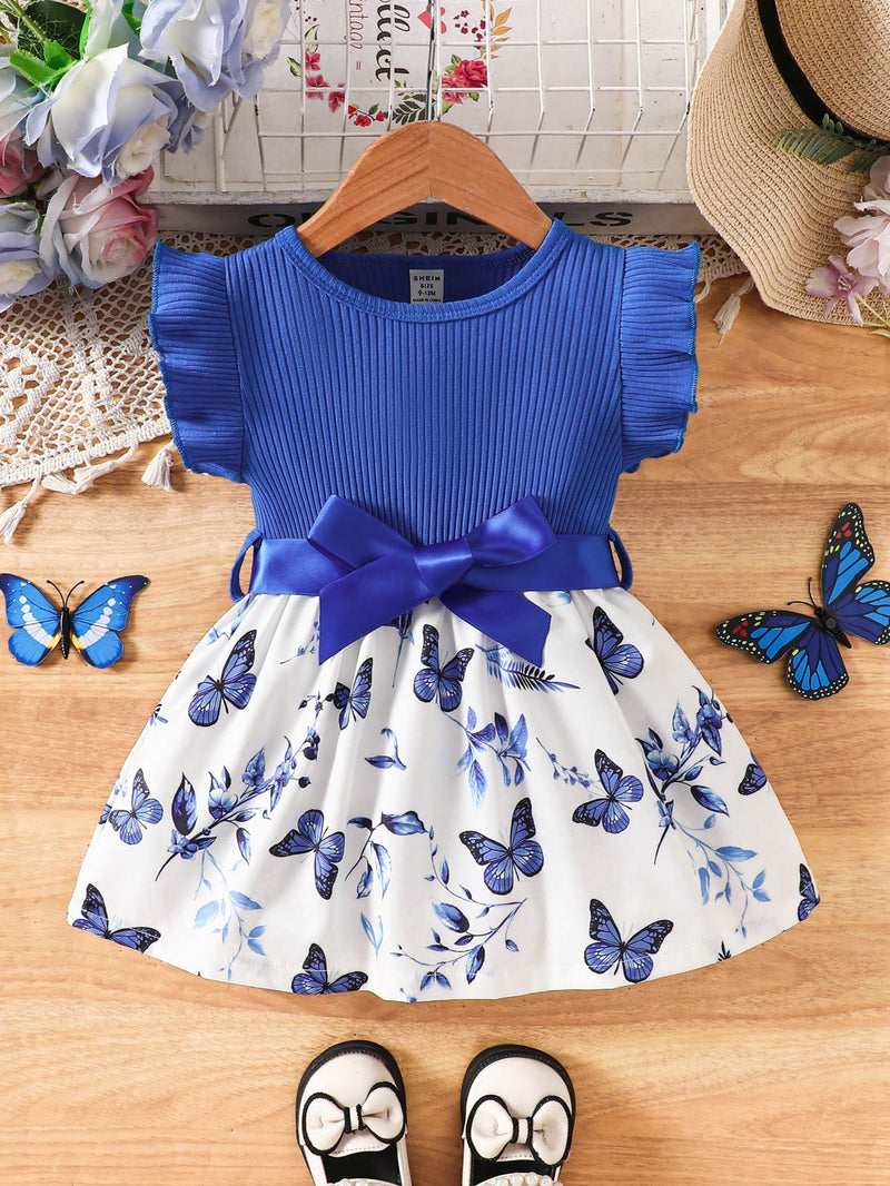 Vestido Fofo Casual e Romântico de Borboleta com Cinto Estampado com Padrão Diário Básico para Bebê Menina, Adequado para Passeios