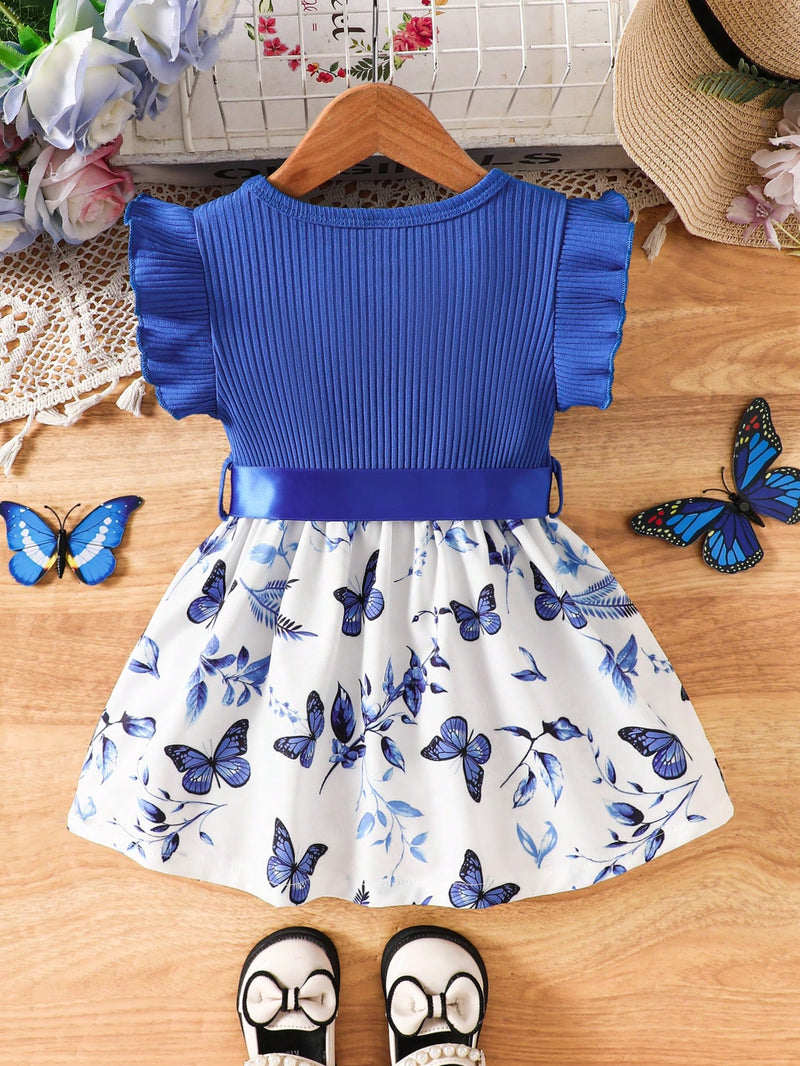 Vestido Fofo Casual e Romântico de Borboleta com Cinto Estampado com Padrão Diário Básico para Bebê Menina, Adequado para Passeios