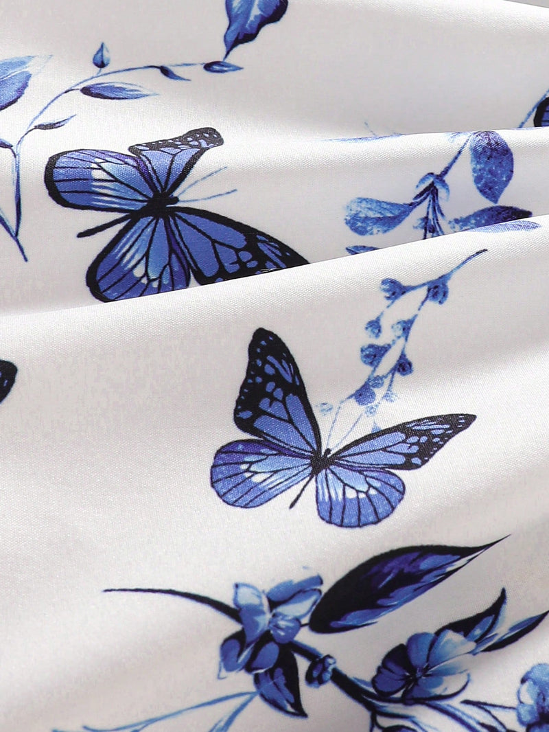 Vestido Fofo Casual e Romântico de Borboleta com Cinto Estampado com Padrão Diário Básico para Bebê Menina, Adequado para Passeios