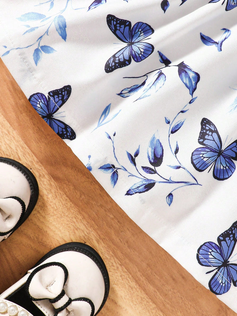 Vestido Fofo Casual e Romântico de Borboleta com Cinto Estampado com Padrão Diário Básico para Bebê Menina, Adequado para Passeios