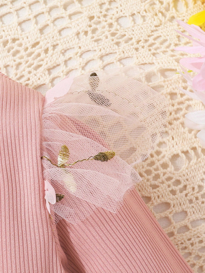 Vestido de Princesa de Babados e Laço na Frente com Manga Curta, Macio e Respirável, para Meninas Bebês Elegantes e Doces