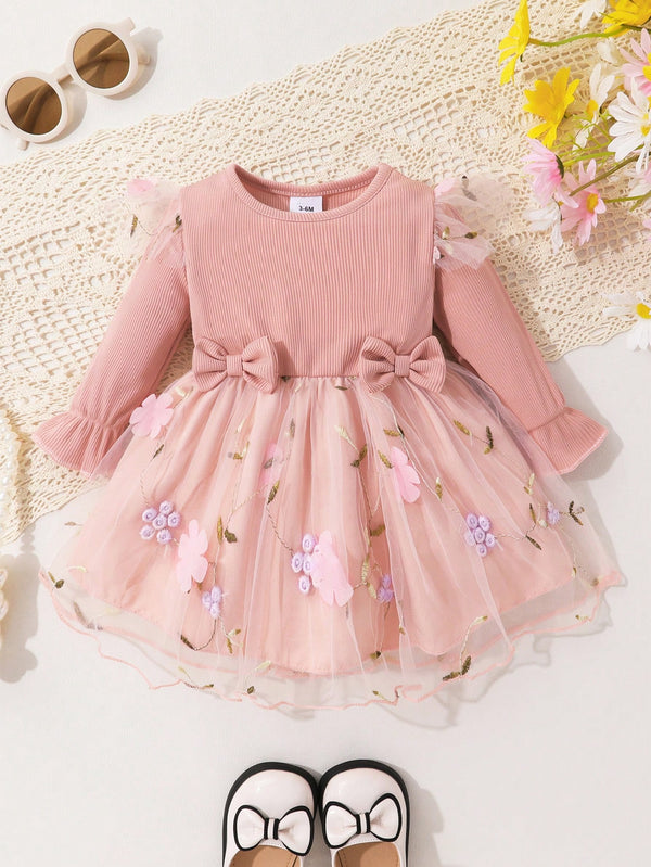 Vestido de Princesa de Babados e Laço na Frente com Manga Curta, Macio e Respirável, para Meninas Bebês Elegantes e Doces