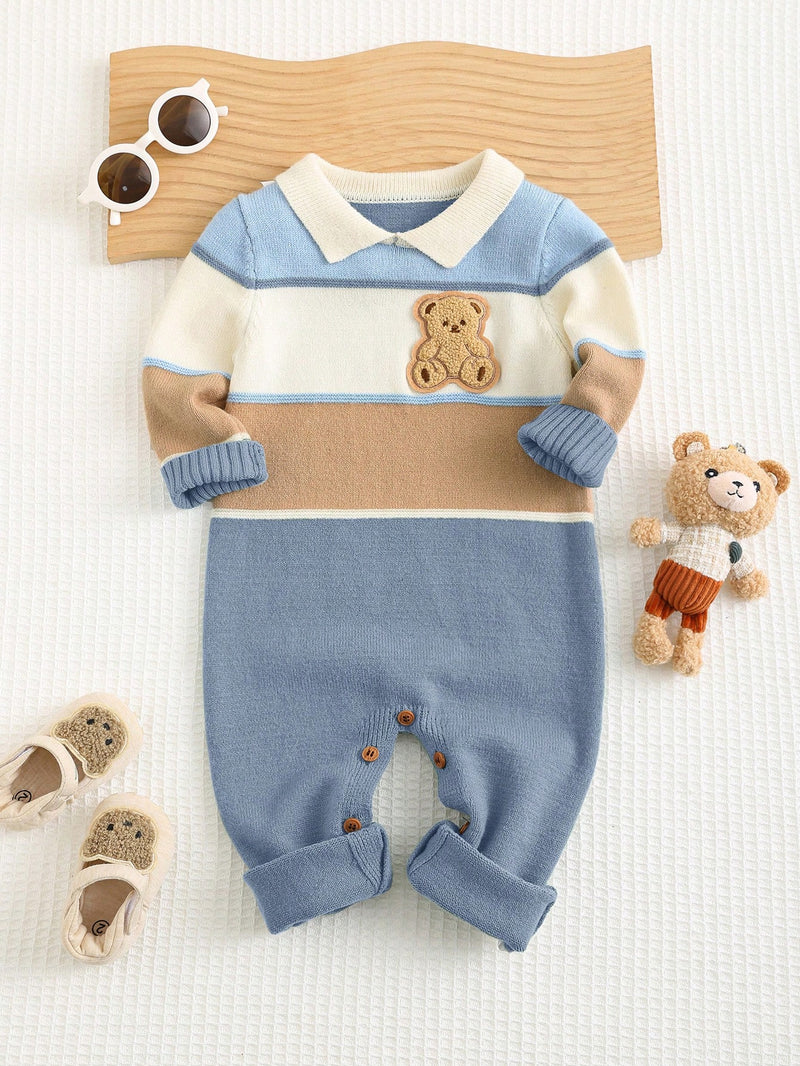 Bebê Recém-nascido Menino/Menina Macacão Estampado Fofo de Bloco de Cores com Gola Polo de Manga Longa, Outono/Inverno
