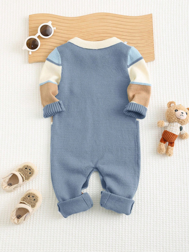 Bebê Recém-nascido Menino/Menina Macacão Estampado Fofo de Bloco de Cores com Gola Polo de Manga Longa, Outono/Inverno