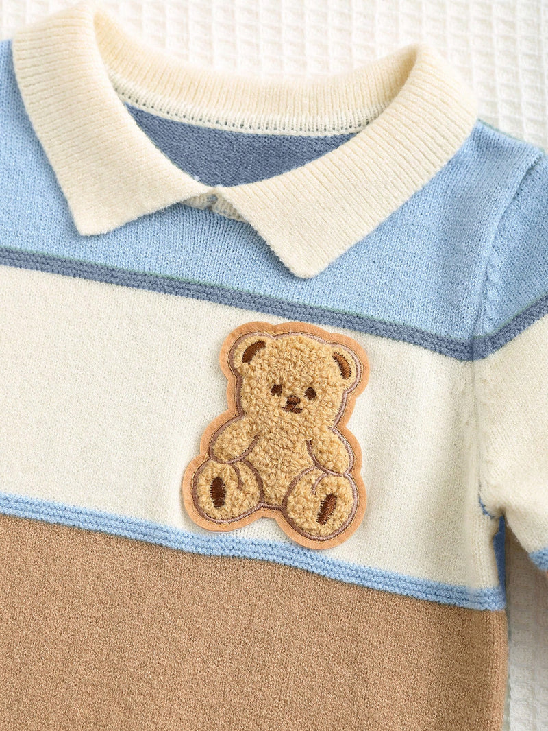 Bebê Recém-nascido Menino/Menina Macacão Estampado Fofo de Bloco de Cores com Gola Polo de Manga Longa, Outono/Inverno