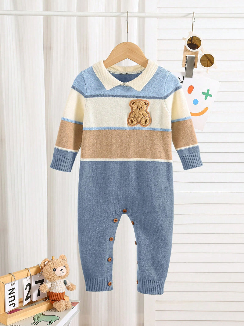 Bebê Recém-nascido Menino/Menina Macacão Estampado Fofo de Bloco de Cores com Gola Polo de Manga Longa, Outono/Inverno