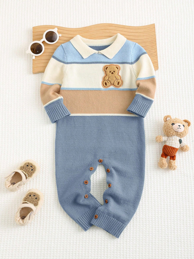Bebê Recém-nascido Menino/Menina Macacão Estampado Fofo de Bloco de Cores com Gola Polo de Manga Longa, Outono/Inverno