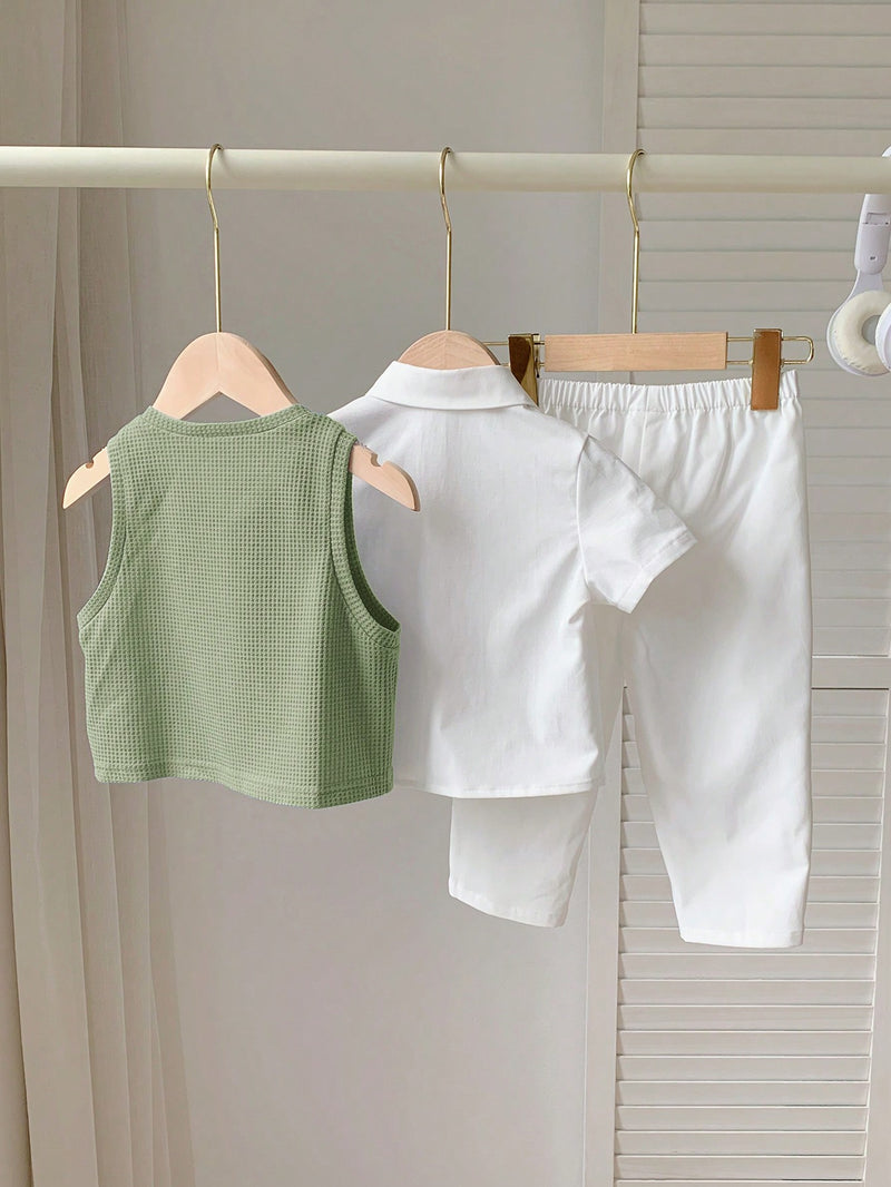3 peças/Conjunto Menino Bebê Azul e Branco Top Polo de Manga Curta para Verão/Outono, Colete Sólido e Calça, Estilo Cavalheiro Britânico, Macio e Versátil para Festa de Aniversário, Batizado, 1º Aniversário, Eventos, Casamentos