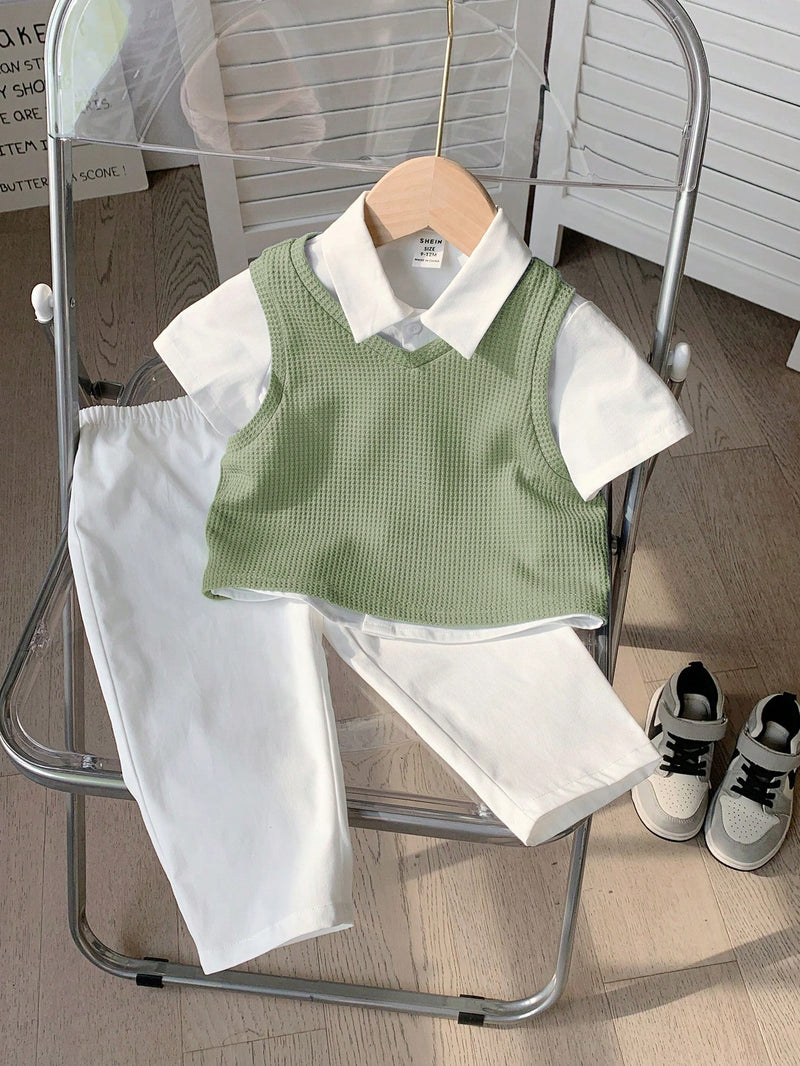3 peças/Conjunto Menino Bebê Azul e Branco Top Polo de Manga Curta para Verão/Outono, Colete Sólido e Calça, Estilo Cavalheiro Britânico, Macio e Versátil para Festa de Aniversário, Batizado, 1º Aniversário, Eventos, Casamentos