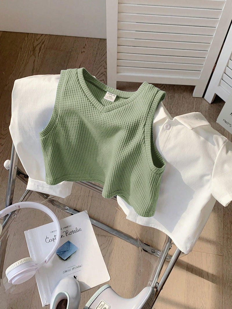 3 peças/Conjunto Menino Bebê Azul e Branco Top Polo de Manga Curta para Verão/Outono, Colete Sólido e Calça, Estilo Cavalheiro Britânico, Macio e Versátil para Festa de Aniversário, Batizado, 1º Aniversário, Eventos, Casamentos