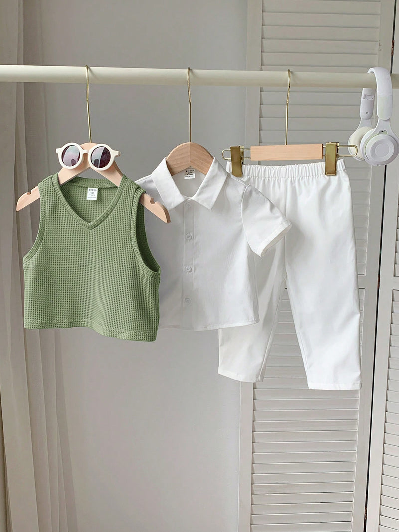 3 peças/Conjunto Menino Bebê Azul e Branco Top Polo de Manga Curta para Verão/Outono, Colete Sólido e Calça, Estilo Cavalheiro Britânico, Macio e Versátil para Festa de Aniversário, Batizado, 1º Aniversário, Eventos, Casamentos