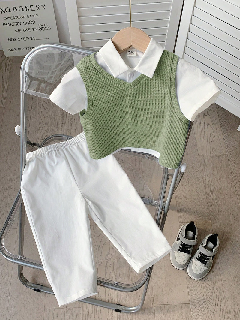 3 peças/Conjunto Menino Bebê Azul e Branco Top Polo de Manga Curta para Verão/Outono, Colete Sólido e Calça, Estilo Cavalheiro Britânico, Macio e Versátil para Festa de Aniversário, Batizado, 1º Aniversário, Eventos, Casamentos