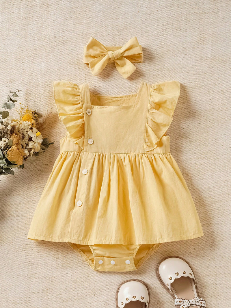 Souflis Souflis Body De Mangas Curtas Com Babados De Borda De Renda Azul Para Bebês Meninas Com Headband, Adequado Para Uso Diário E Casual, Primavera/verão