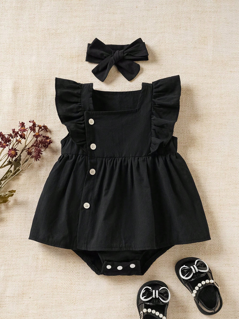Souflis Souflis Body De Mangas Curtas Com Babados De Borda De Renda Azul Para Bebês Meninas Com Headband, Adequado Para Uso Diário E Casual, Primavera/verão
