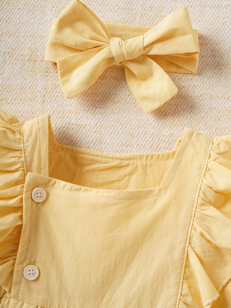 Souflis Souflis Body De Mangas Curtas Com Babados De Borda De Renda Azul Para Bebês Meninas Com Headband, Adequado Para Uso Diário E Casual, Primavera/verão