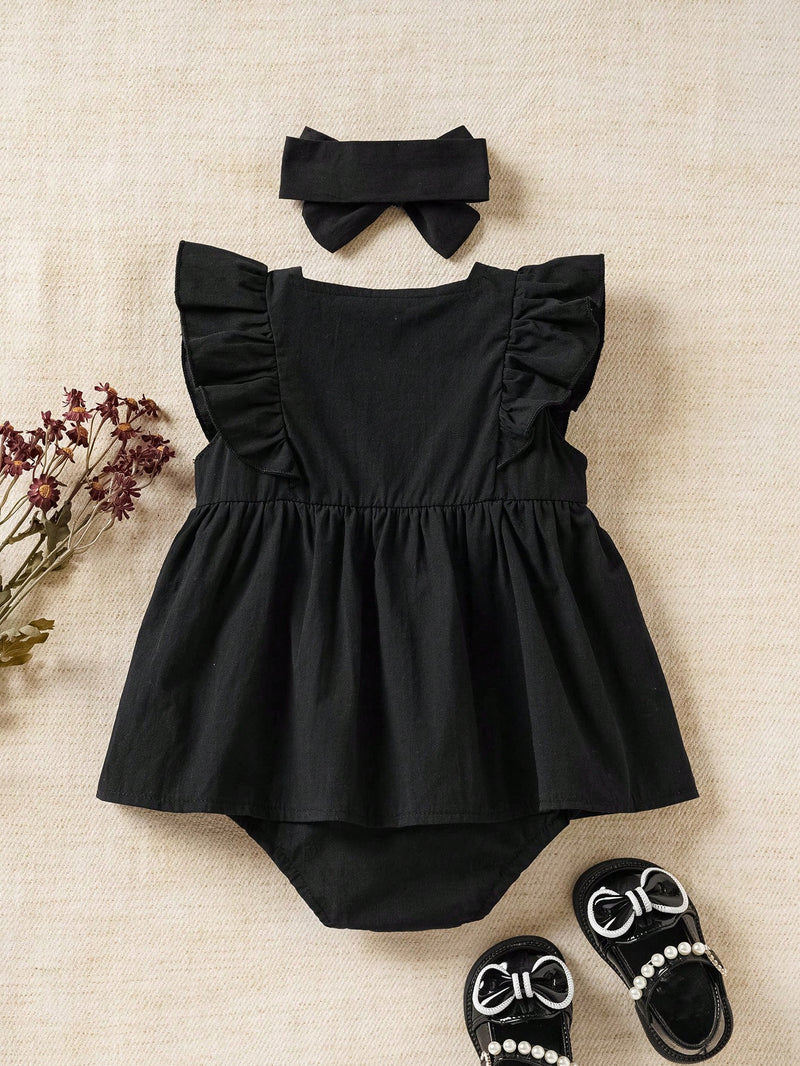 Souflis Souflis Body De Mangas Curtas Com Babados De Borda De Renda Azul Para Bebês Meninas Com Headband, Adequado Para Uso Diário E Casual, Primavera/verão