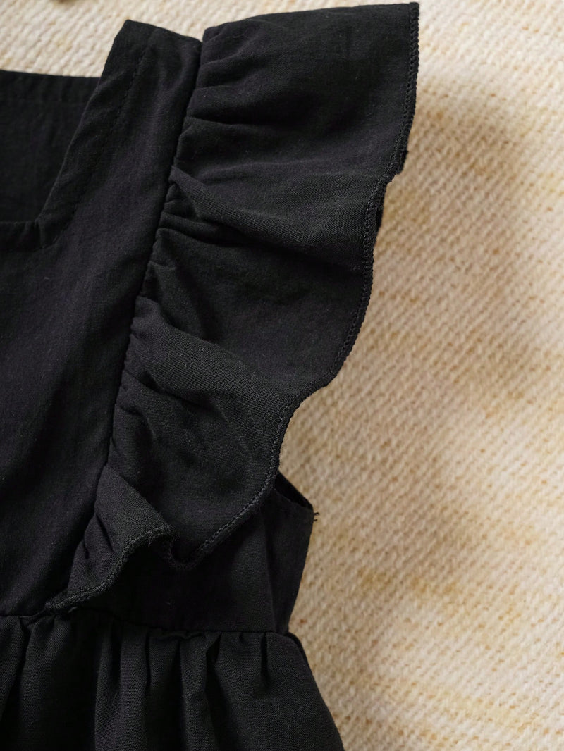 Souflis Souflis Body De Mangas Curtas Com Babados De Borda De Renda Azul Para Bebês Meninas Com Headband, Adequado Para Uso Diário E Casual, Primavera/verão