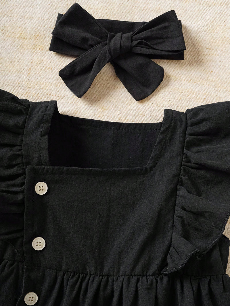 Souflis Souflis Body De Mangas Curtas Com Babados De Borda De Renda Azul Para Bebês Meninas Com Headband, Adequado Para Uso Diário E Casual, Primavera/verão