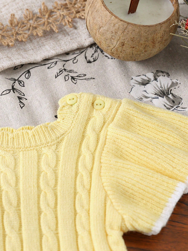 Souflis Souflis Macaquinho de Tricô para Bebê Menina, Gola de Renda Floral de Pescoço Careca Trançado, Manga Bufante Listrada em Preto e Branco com Laço, Macio e Confortável, Adequado para Uso Diário, Passeios, Viagens, Férias, Casa, Creche, Escola