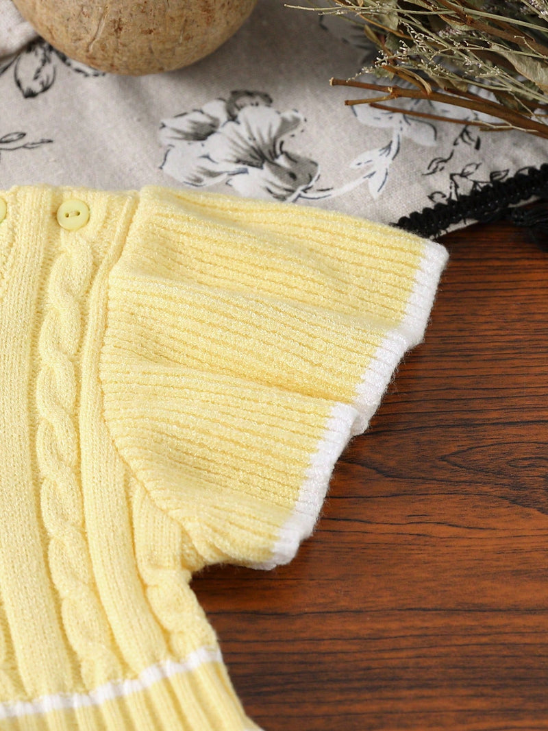 Souflis Souflis Macaquinho de Tricô para Bebê Menina, Gola de Renda Floral de Pescoço Careca Trançado, Manga Bufante Listrada em Preto e Branco com Laço, Macio e Confortável, Adequado para Uso Diário, Passeios, Viagens, Férias, Casa, Creche, Escola