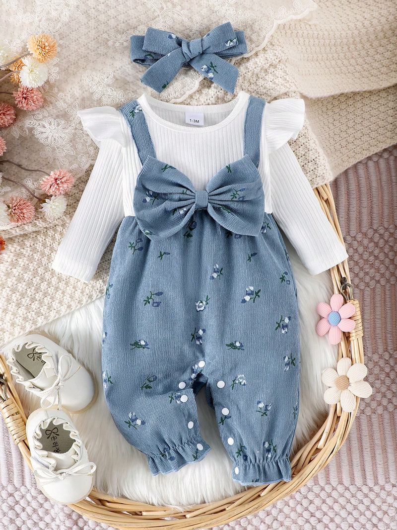 Macaquinho Floral Delicado para Bebê Menina com Decoração em Laço e Tiara, Primavera e Outono