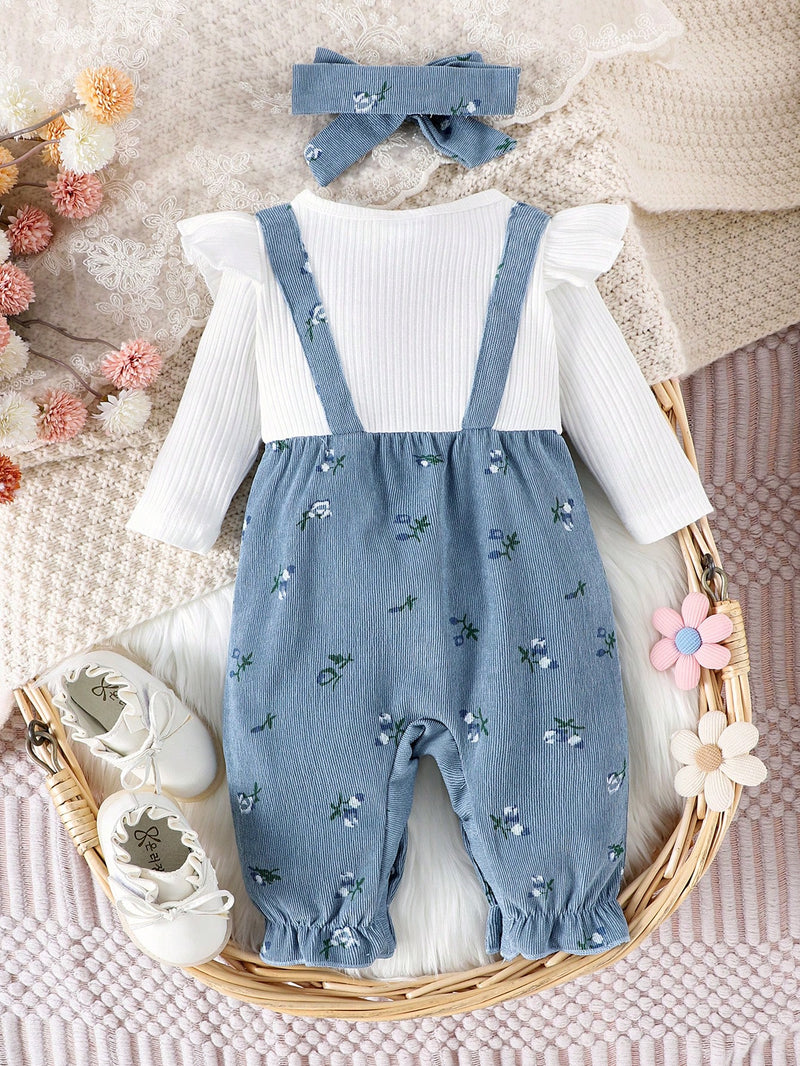 Macaquinho Floral Delicado para Bebê Menina com Decoração em Laço e Tiara, Primavera e Outono
