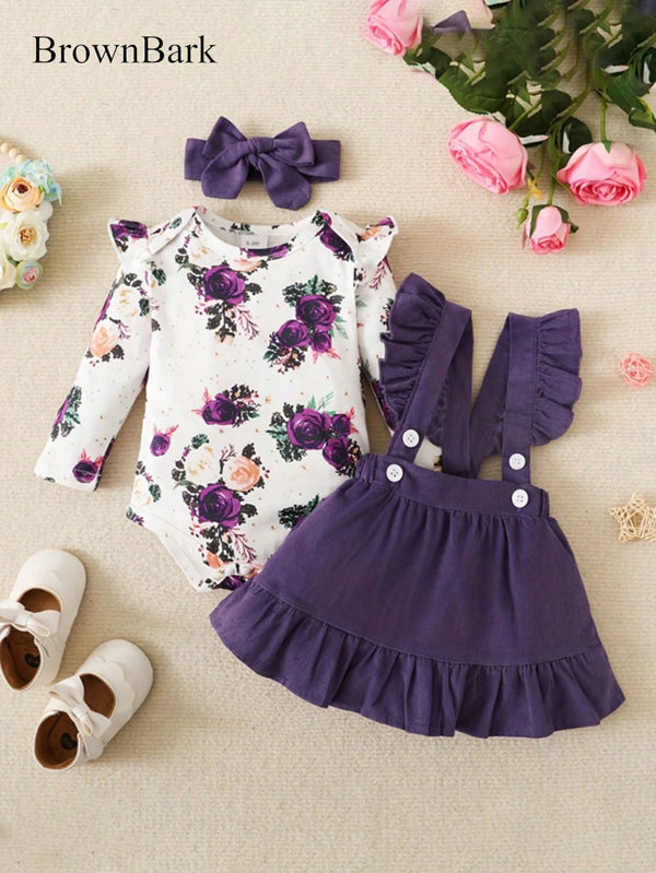 BrownBark Conjunto de Bodysuit com babados florais para bebê menina e saia estilo pinafore com faixa de cabelo combinando