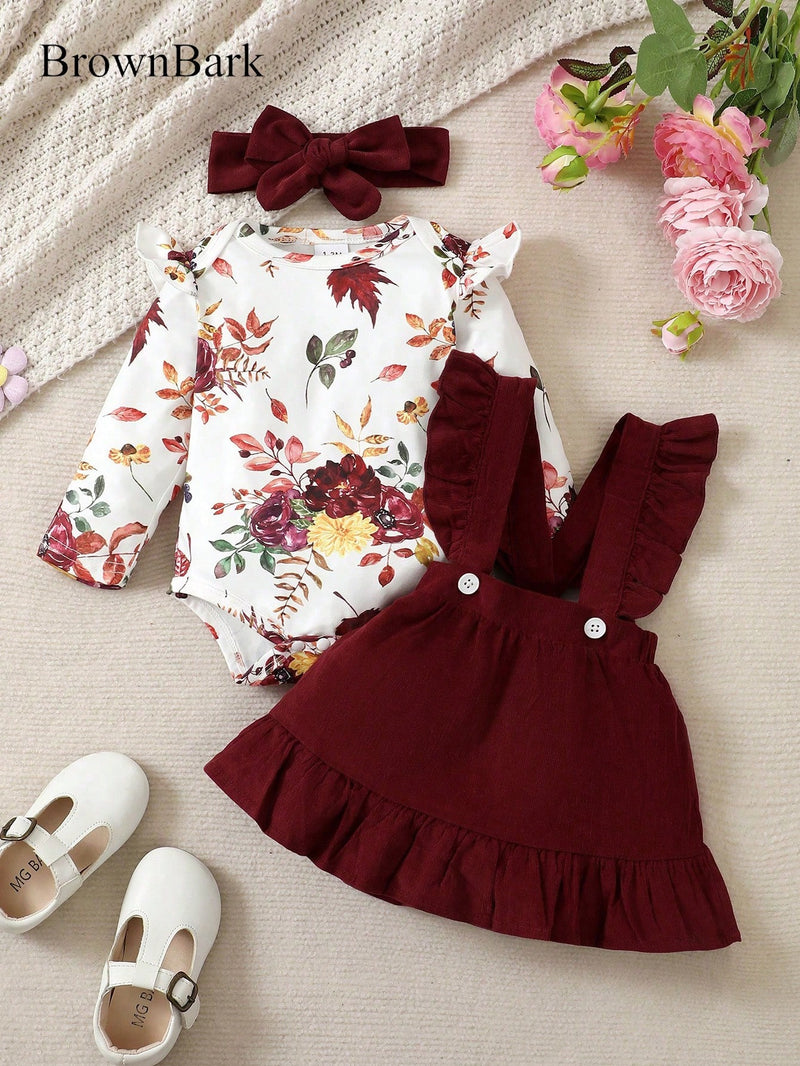 BrownBark Conjunto de Bodysuit com babados florais para bebê menina e saia estilo pinafore com faixa de cabelo combinando