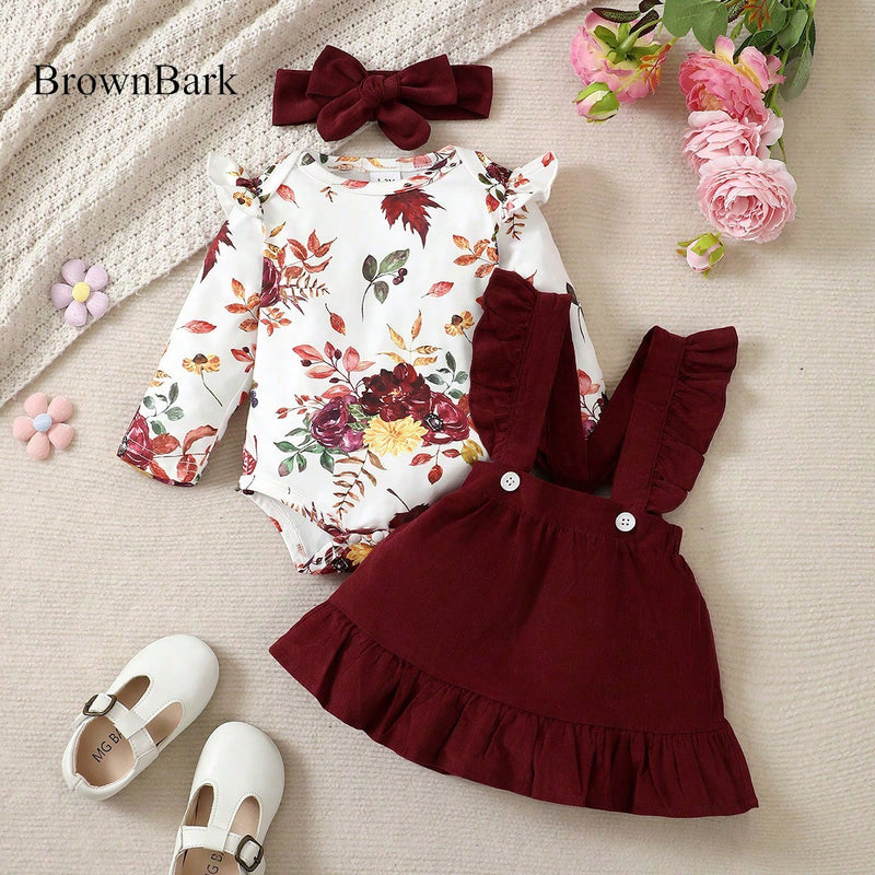 BrownBark Conjunto de Bodysuit com babados florais para bebê menina e saia estilo pinafore com faixa de cabelo combinando