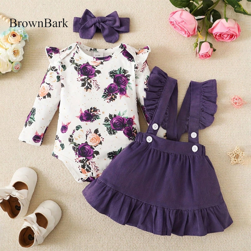 BrownBark Conjunto de Bodysuit com babados florais para bebê menina e saia estilo pinafore com faixa de cabelo combinando
