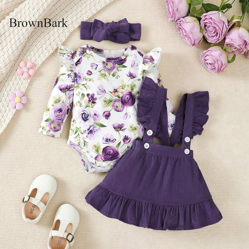 BrownBark Conjunto de Bodysuit com babados florais para bebê menina e saia estilo pinafore com faixa de cabelo combinando
