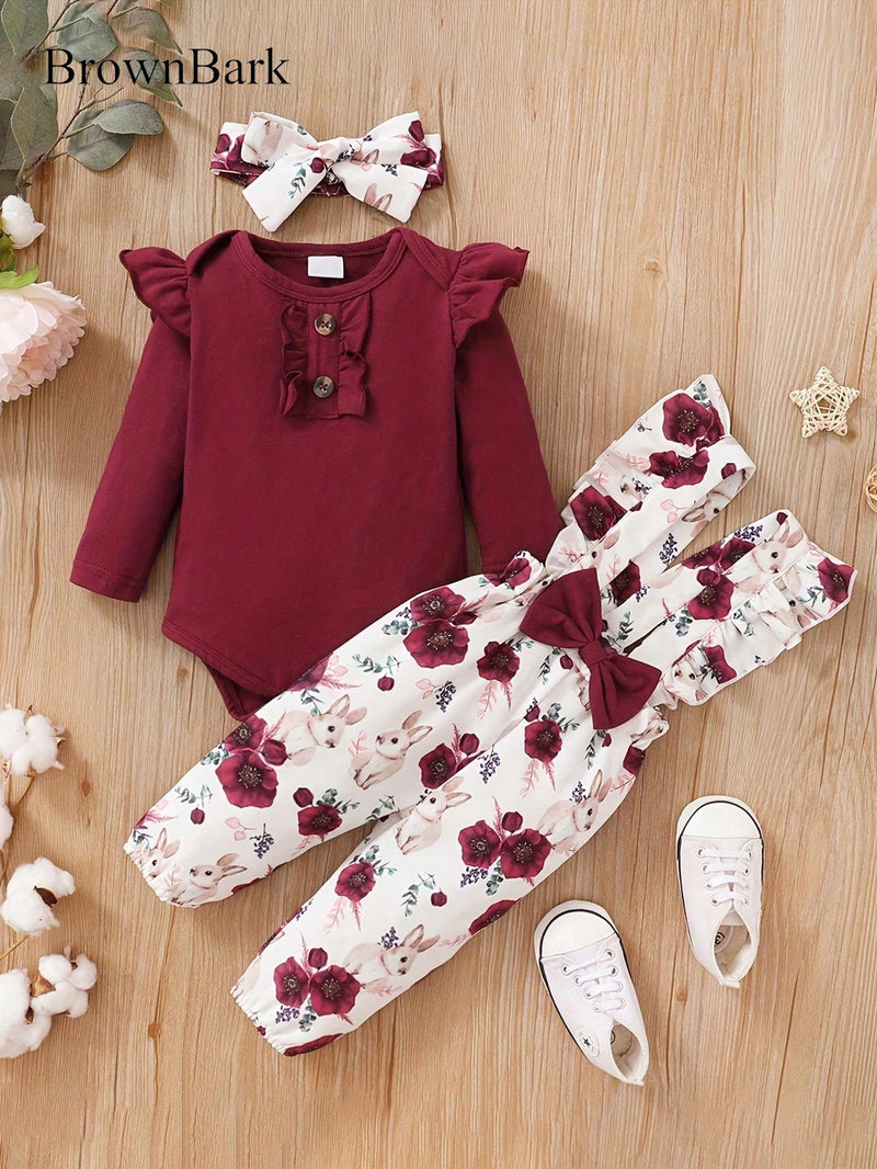 BrownBark Conjunto de roupa de bebê com 3 peças - Top de Manga Longa Amarela com Macacão de Flores e Faixa de Cabeça