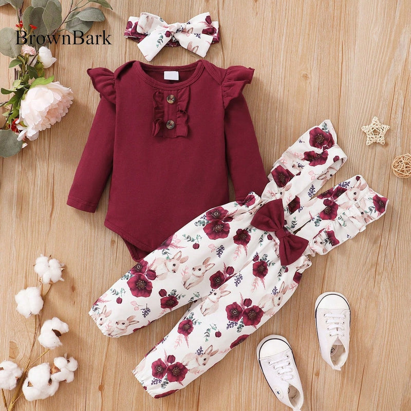 BrownBark Conjunto de roupa de bebê com 3 peças - Top de Manga Longa Amarela com Macacão de Flores e Faixa de Cabeça