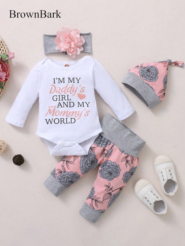 BrownBark Conjunto de 4 peças de Top e Calça e Chapéu e Faixa de Cabeça de Manga Longa com Estampa de Alfabeto para Bebê Menina na Primavera e Outono.
