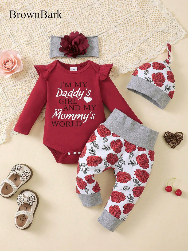 BrownBark Conjunto de 4 peças de Top e Calça e Chapéu e Faixa de Cabeça de Manga Longa com Estampa de Alfabeto para Bebê Menina na Primavera e Outono.