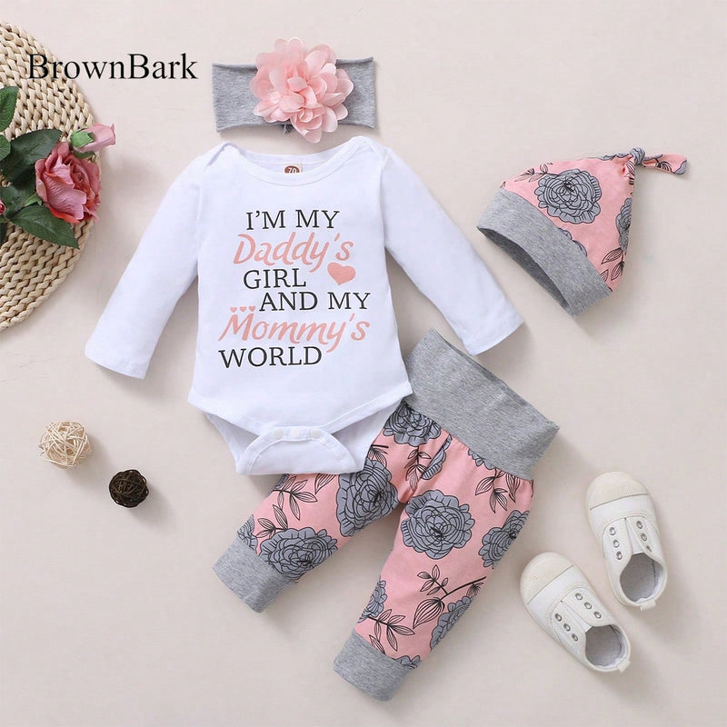 BrownBark Conjunto de 4 peças de Top e Calça e Chapéu e Faixa de Cabeça de Manga Longa com Estampa de Alfabeto para Bebê Menina na Primavera e Outono.