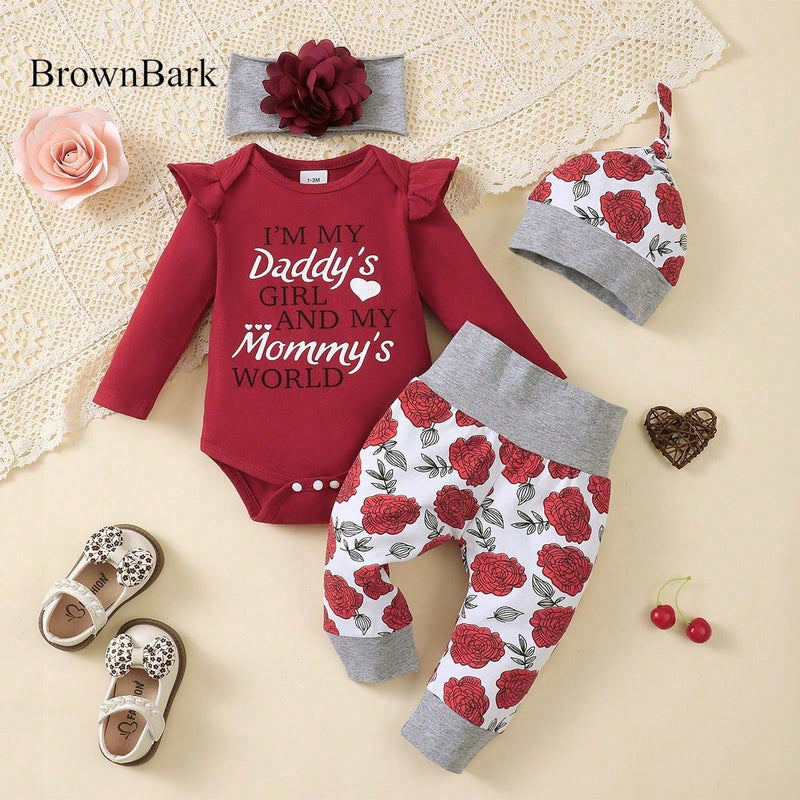 BrownBark Conjunto de 4 peças de Top e Calça e Chapéu e Faixa de Cabeça de Manga Longa com Estampa de Alfabeto para Bebê Menina na Primavera e Outono.