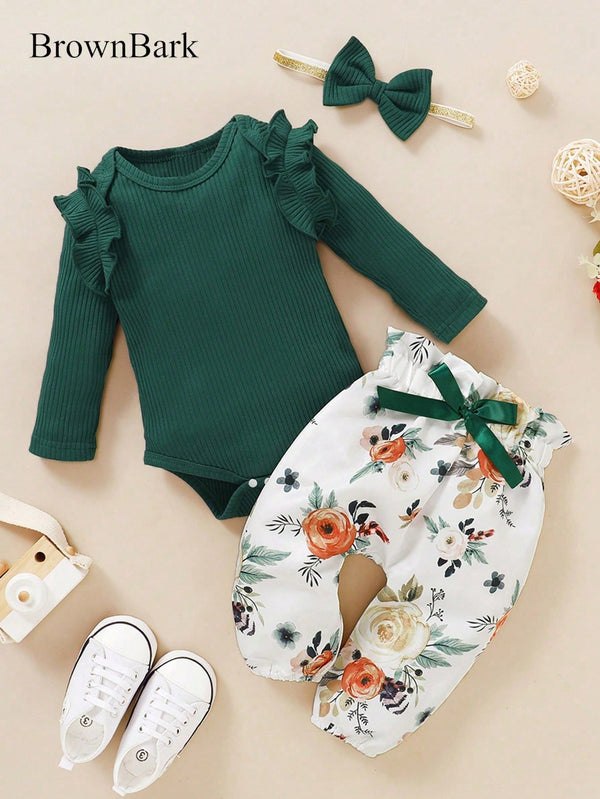 BrownBark 3 peças/Conjunto Casual de Outono para Meninas Bebês: Top Canelada de Cor Sólida + Calça Estampada + Acessório para Cabeça, Versátil