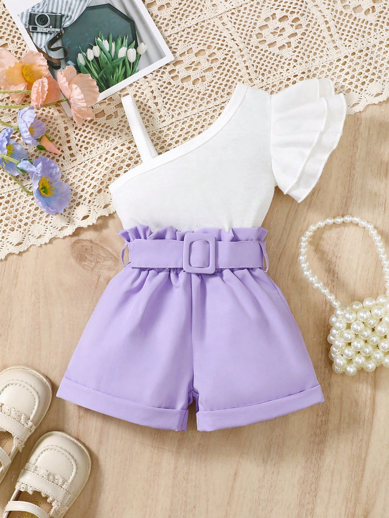 Conjunto de Top de um ombro só e shorts com cintura Paperbag para bebê menina