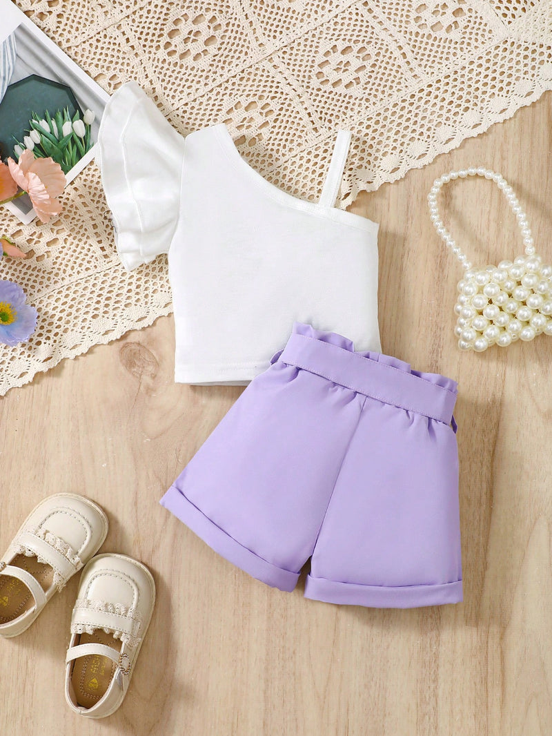 Conjunto de Top de um ombro só e shorts com cintura Paperbag para bebê menina