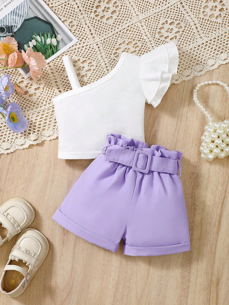 Conjunto de Top de um ombro só e shorts com cintura Paperbag para bebê menina