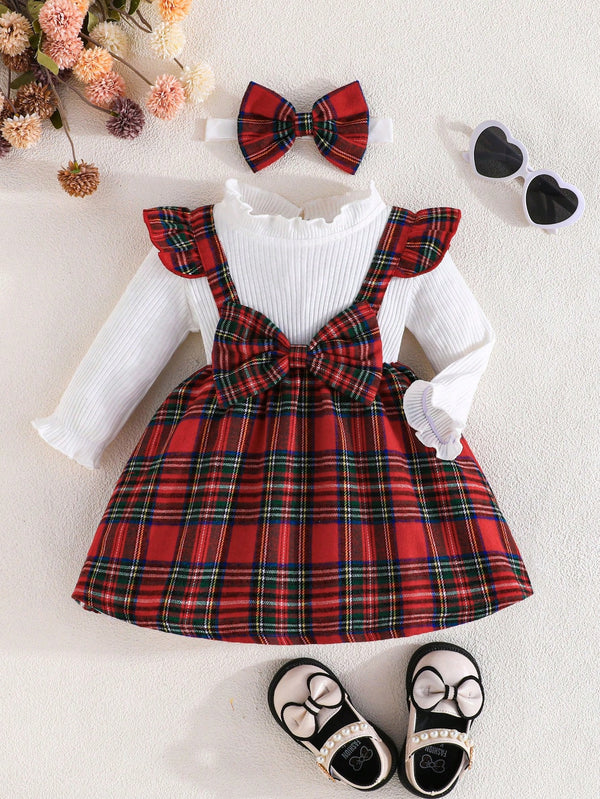 Souflis Souflis Vestido xadrez com babados, manga longa, gravata borboleta e suspensórios removíveis, com tiara, para meninas, look casual para uso externo na primavera e outono, para o Natal