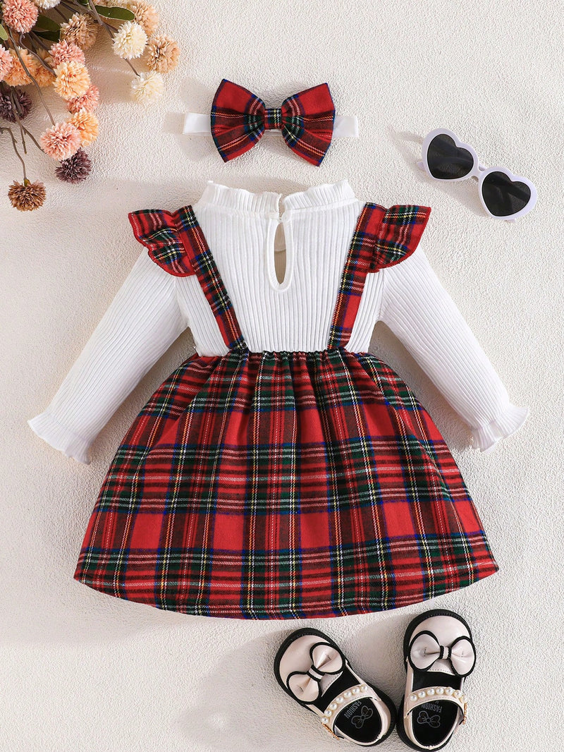Souflis Souflis Vestido xadrez com babados, manga longa, gravata borboleta e suspensórios removíveis, com tiara, para meninas, look casual para uso externo na primavera e outono, para o Natal